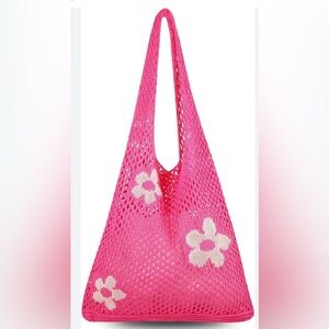 Boho Crochet Beach Bag Tote Small Knit Bag Summer Shoulder Pink